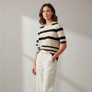 Nanette Lepore Striped Knit Sweater Tan Black Short Sleeve Lightweight MSRP $78